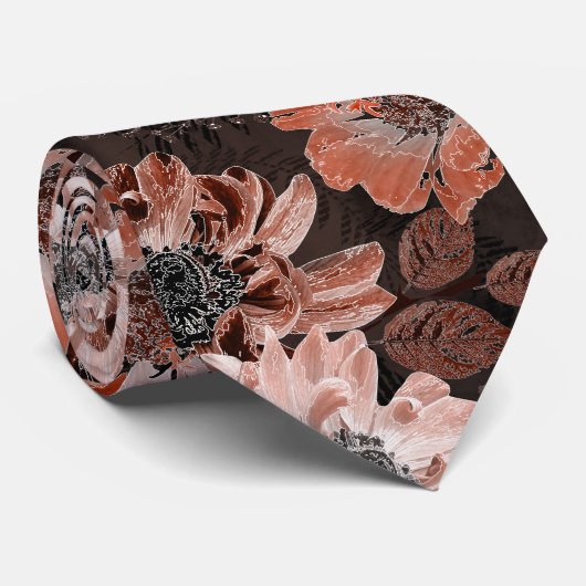 Cravate Crème, fleurs de teracote sur un arrière - plan br (Roulé)