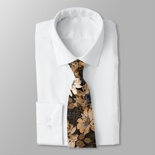 Cravate Crème, fleurs marron sur un brun foncé (Attaché)