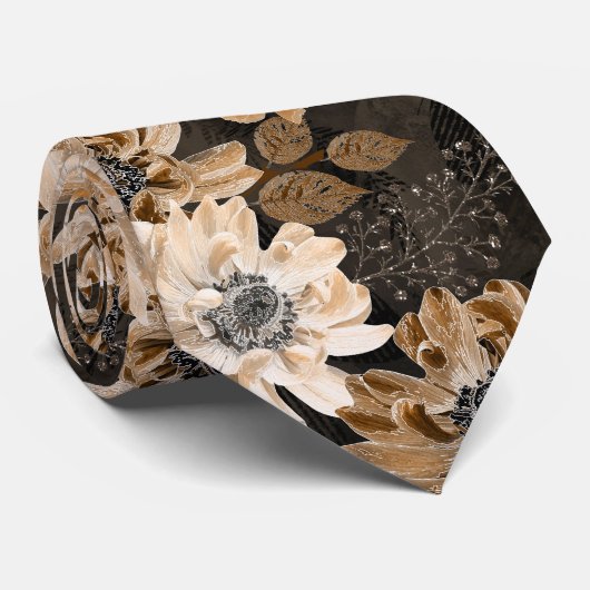 Cravate Crème, fleurs marron sur un brun foncé (Roulé)