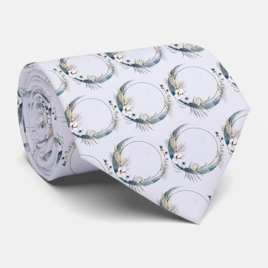 Cravate Crescent Bleu Lune avec Motif Fleurs Blanches (Roulé)