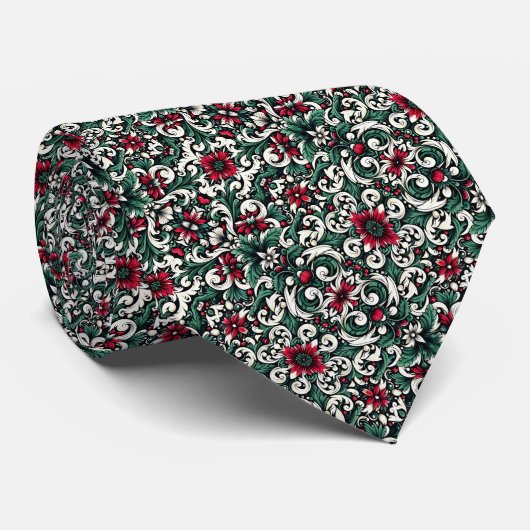 Cravate Crimson Red, Hunter Green, Black, & Ivory Floral  (Roulé)