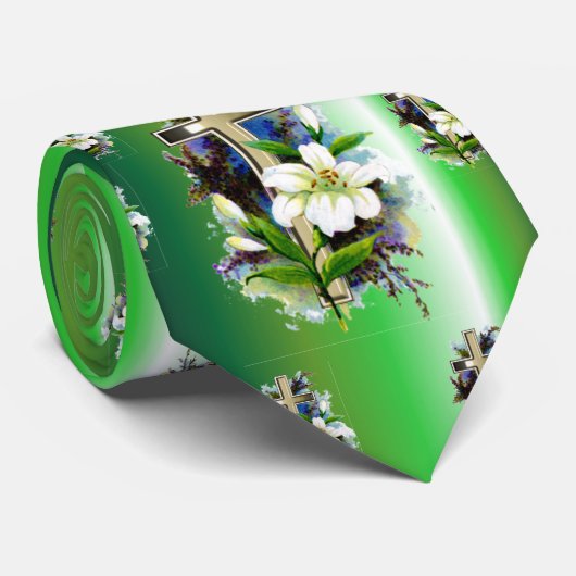 Cravate Croix de Pâques d'or - Fleurs de Lilly blanches -  (Roulé)