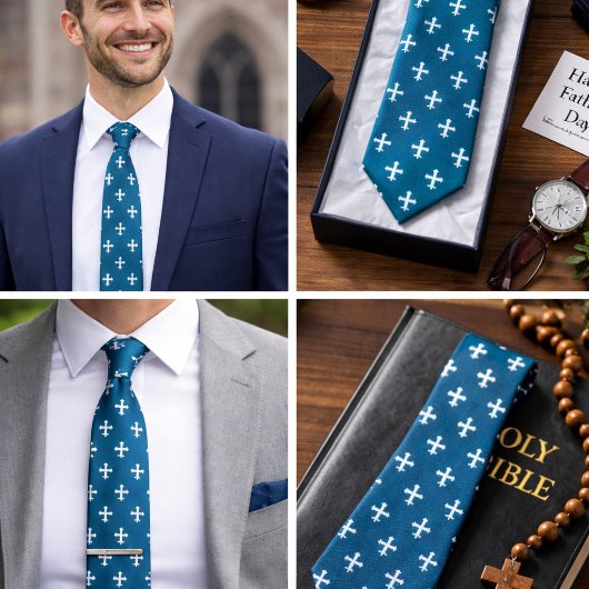 Cravate Croix orthodoxe russe bleu sarcelle chrétien