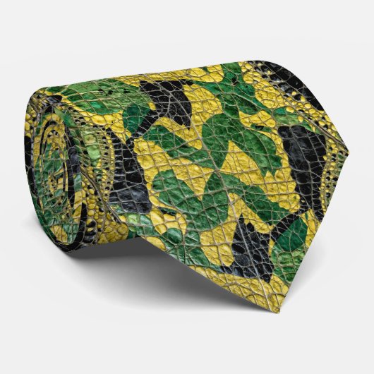 Cravate Cuir de dragon Crocodile Alligator Vert Jaune (Roulé)
