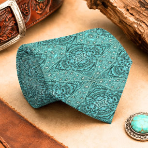 Cravate cuir travaillé sarcelle turquoise pays occidental