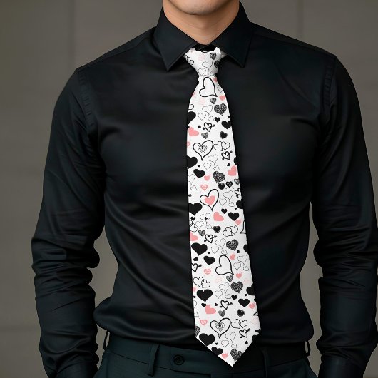 Cravate Custom Love Tie Pink Black Heart Sketch
