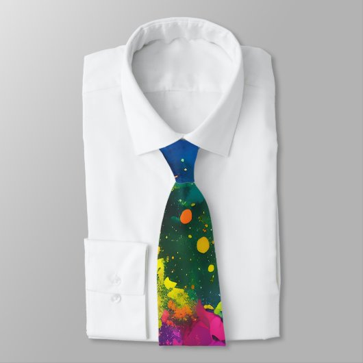 Cravate Custom Name Abstract Splatter Paint Cosmic Rainbow (Attaché)