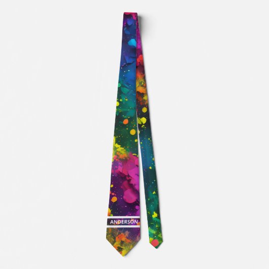 Cravate Custom Name Abstract Splatter Paint Cosmic Rainbow (Devant)