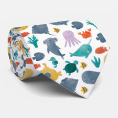 Cravate Cute Aquarelle Océan Animaux Motif (Roulé)