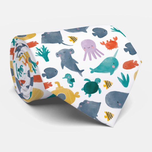 Cravate Cute Aquarelle Océan Animaux Motif (Roulé)
