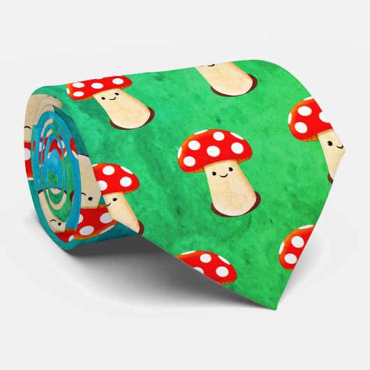 Cravate Cute Champignons Dessin Motif Bleu Et Vert (Roulé)