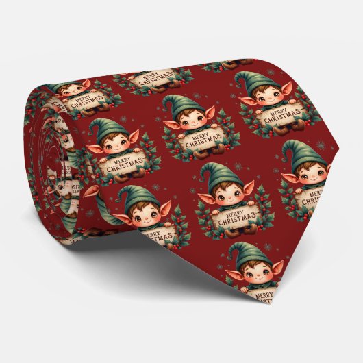 Cravate Cute Christmas Elf Holding Merry Sign Red (Roulé)
