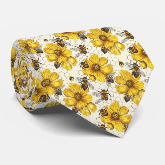 Cravate Cute floral bee tiled pattern  (Roulé)