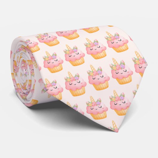 Cravate Cute Pink Cupcake Unicorn avec Motif Rose (Roulé)