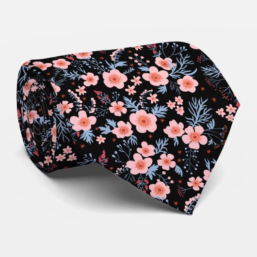 Cravate Cute small pink floral with black background (Roulé)
