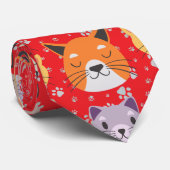 Cravate Cute Têtes de chat 01.Rouge BG (Roulé)