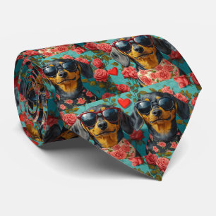 Cravate Dachshund aux roses du cœur Saint-Valentin