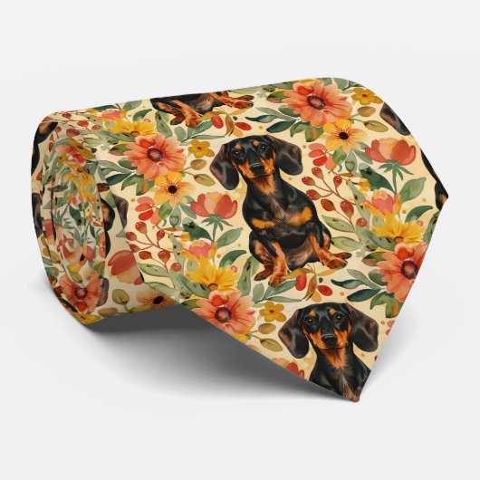 Cravate Dachshund Avec Fleurs Gouache (Roulé)