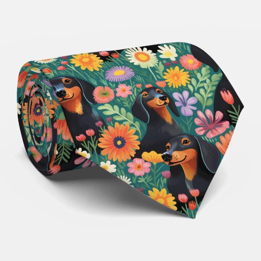 Cravate Dachshund Flowers (Roulé)