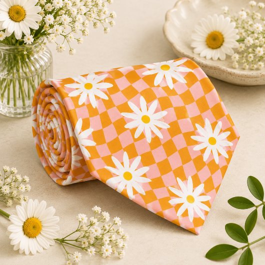 Cravate Daisy Groovy Rétro Damier, Y2K 90s