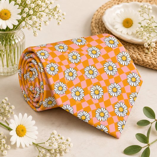 Cravate Daisy Groovy Rétro Damier, Y2K 90s
