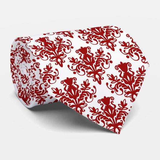 Cravate Damask 02 Motif - Ruby Red sur blanc (Roulé)