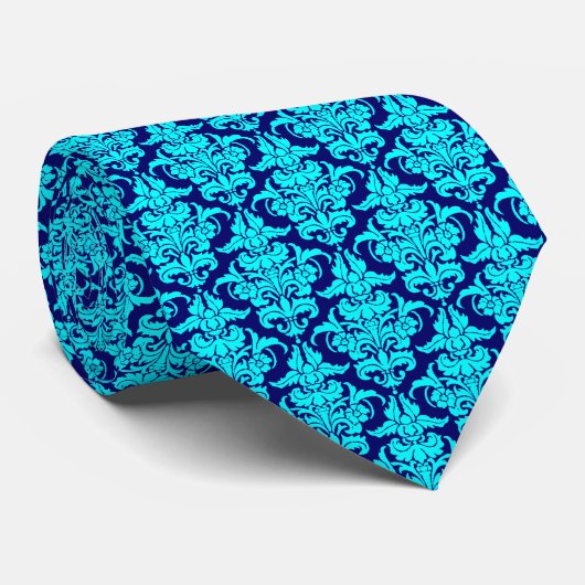 Cravate Damask - Cyan sur Deep Navy (Roulé)