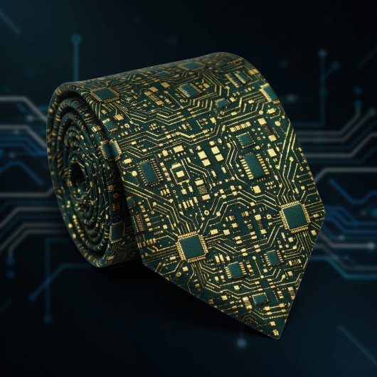 Cravate Dark Green Gold Tech Motherboard Pattern