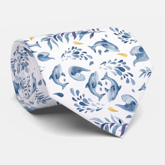 Cravate Dauphins et vagues bleus (Roulé)
