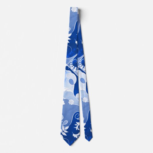 Cravate de conception de feuilles bleues et blanch (Devant)