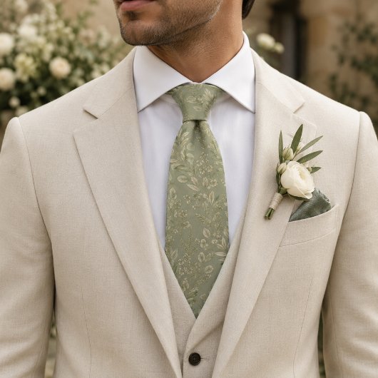 Cravate de mariage en jacquard botanique vert saug