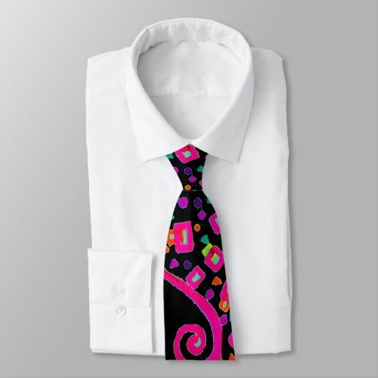 CRAVATE DECO ABSTRAIT NOIR FUCHSIA ROSE (Attaché)