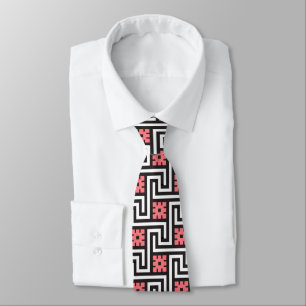 Cravate Deco Greek Key, Black, White and Coral Pink