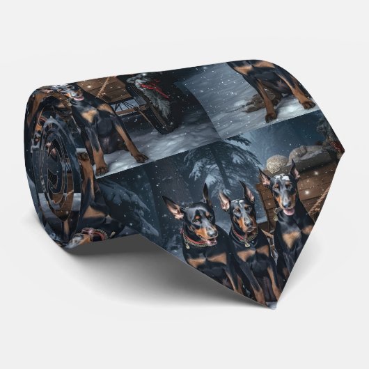 Cravate Décor de Noël Doberman Snowy Sleigh (Roulé)