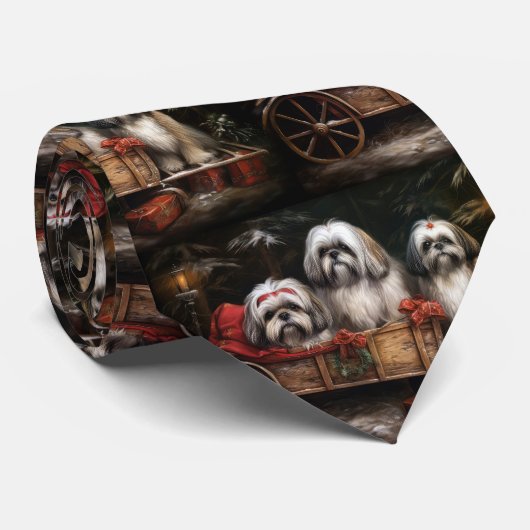 Cravate Décor de Noël Lhasa Apso Snowy Sleigh (Roulé)