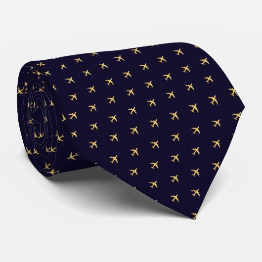 Cravate Deep Blue Tie of Small Faux Gold Airplanes (Roulé)