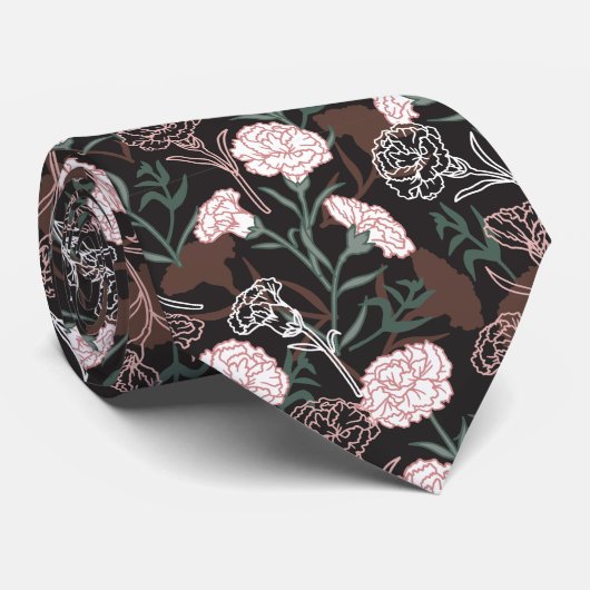 Cravate Délicates oeillets roses avec fleurs Feuilles vert (Roulé)