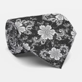 Cravate Dentelle Fleurie Blanche sur Noir (Roulé)