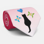 Cravate Dessin Chat noir, bleu Coeur & Papillons rouge Ne (Roulé)