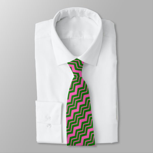 Cravate Dessin chevron zigzag vert rose (Attaché)