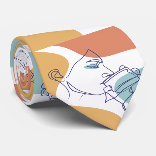 Cravate dessin d'art affiche d'une femme buvant du café (Roulé)