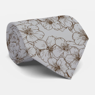 Cravate Dessin de fleurs de cerisier, marron sur gris