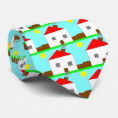 Cravate Dessin de Maison Bleue Rouge Blanc Vert, Art Par E (Roulé)