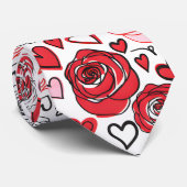 Cravate Doodle Art Style Red Pink Roses Hearts Valentine's (Roulé)