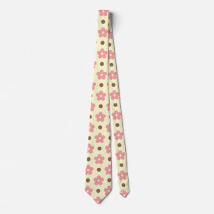 Cravate Douce Florale Rose et Motif à Points Marron Rétro