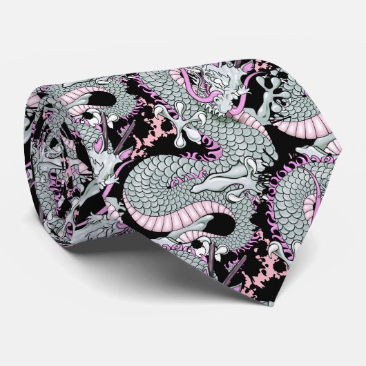 Cravate Dragon à éclaboussures grises sur rose (Roulé)