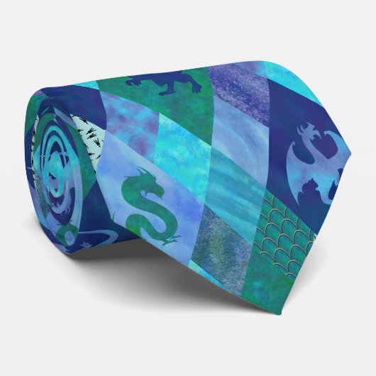 Cravate Dragon à écussons en bleu et vert (Roulé)