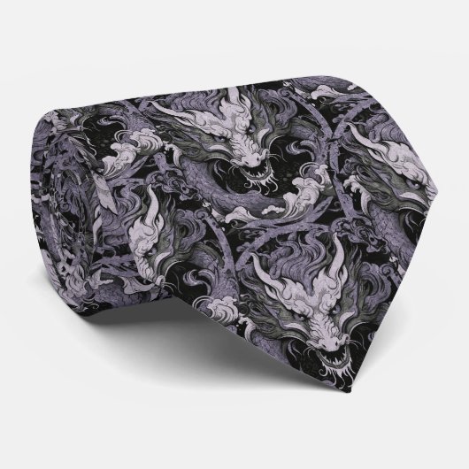 Cravate Dragon chinois médiéval violet gris (Roulé)