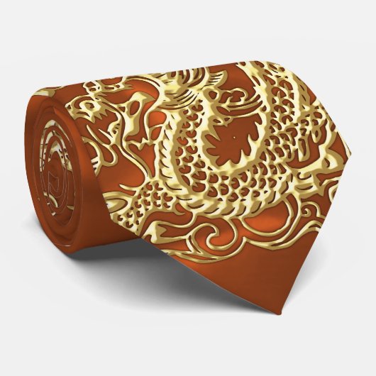 Cravate Dragon d'or embouti sur l'impression satinée orang (Roulé)