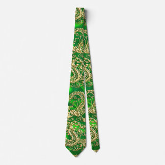Cravate Dragon d'or embouti sur satin vert